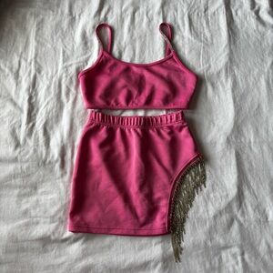 Pink Two-Piece Set with Silver Fringe Slit